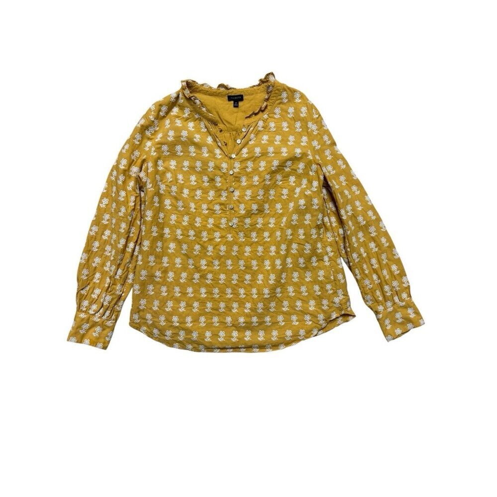 Talbots Mustard Floral Blouse Womens M Cotton Button Front Top